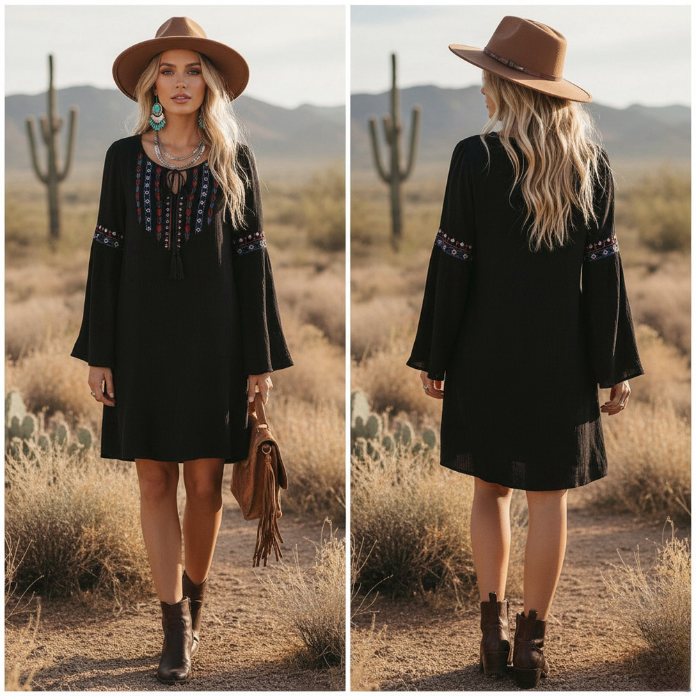 Flying Tomato Dress Small Tribal Pattern Embroidery Flared Long Sleeve